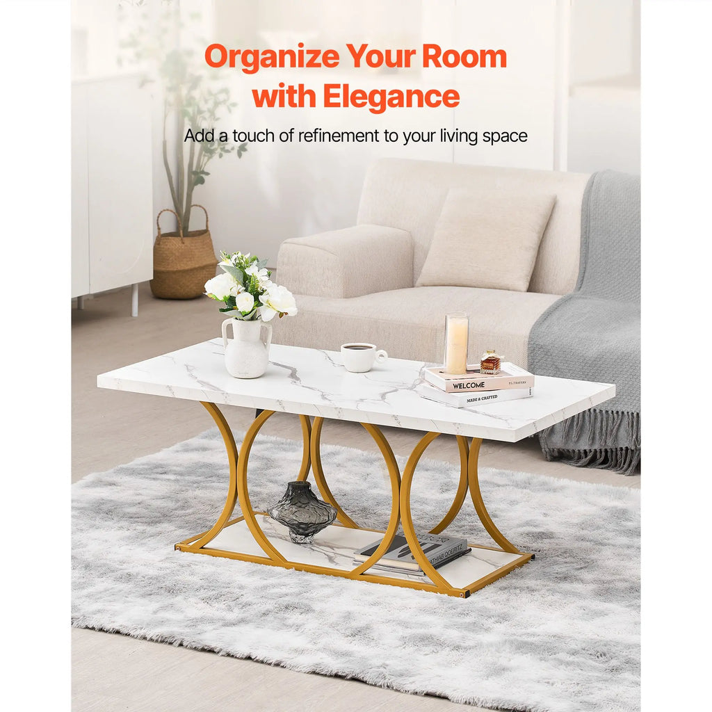 Modern Elegant 2-Tier Rectangle Faux Marble Coffee Table with Geometric Metal Legs Large Sturdy Center Desk