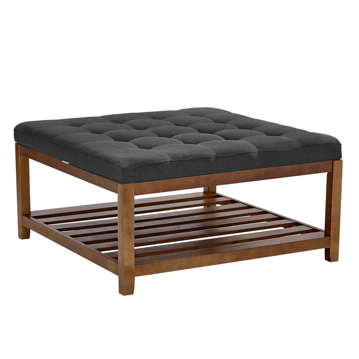 Modern 34.5 Inch Tufted Coffee Table Ottoman Solid Wood with Upholstered Footrest and Shelf Storage Large Square Design