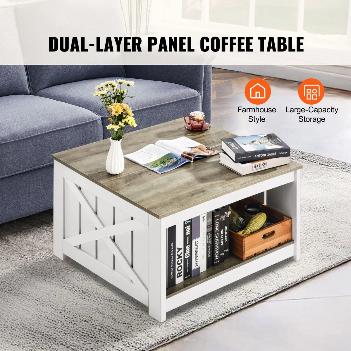 31.5\" Rustic Wooden Farmhouse Coffee Table with Open Storage Compartment Square Cocktail Side Table for Living Room