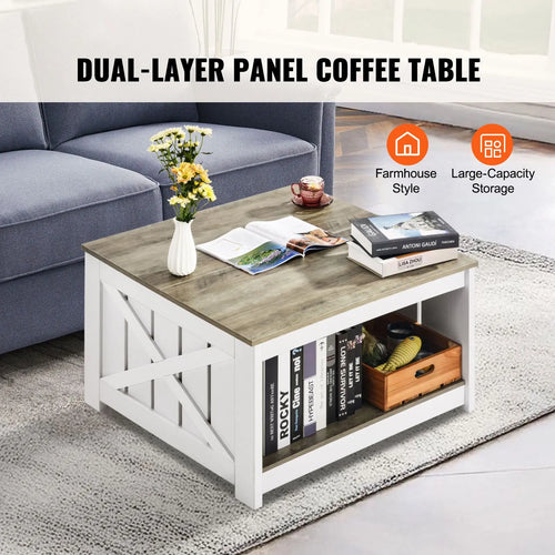 31.5\" Rustic Wooden Farmhouse Coffee Table with Open Storage Compartment Square Cocktail Side Table for Living Room