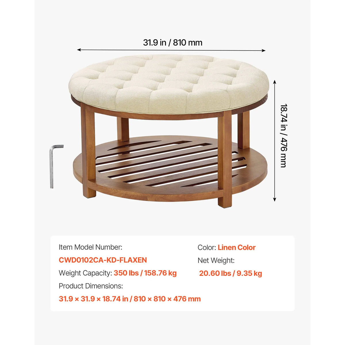 31.9 Inch Large Ottoman Coffee Table with Lift Top Tufted Solid Wood Shelf Storage and Linen Upholstered Footrest