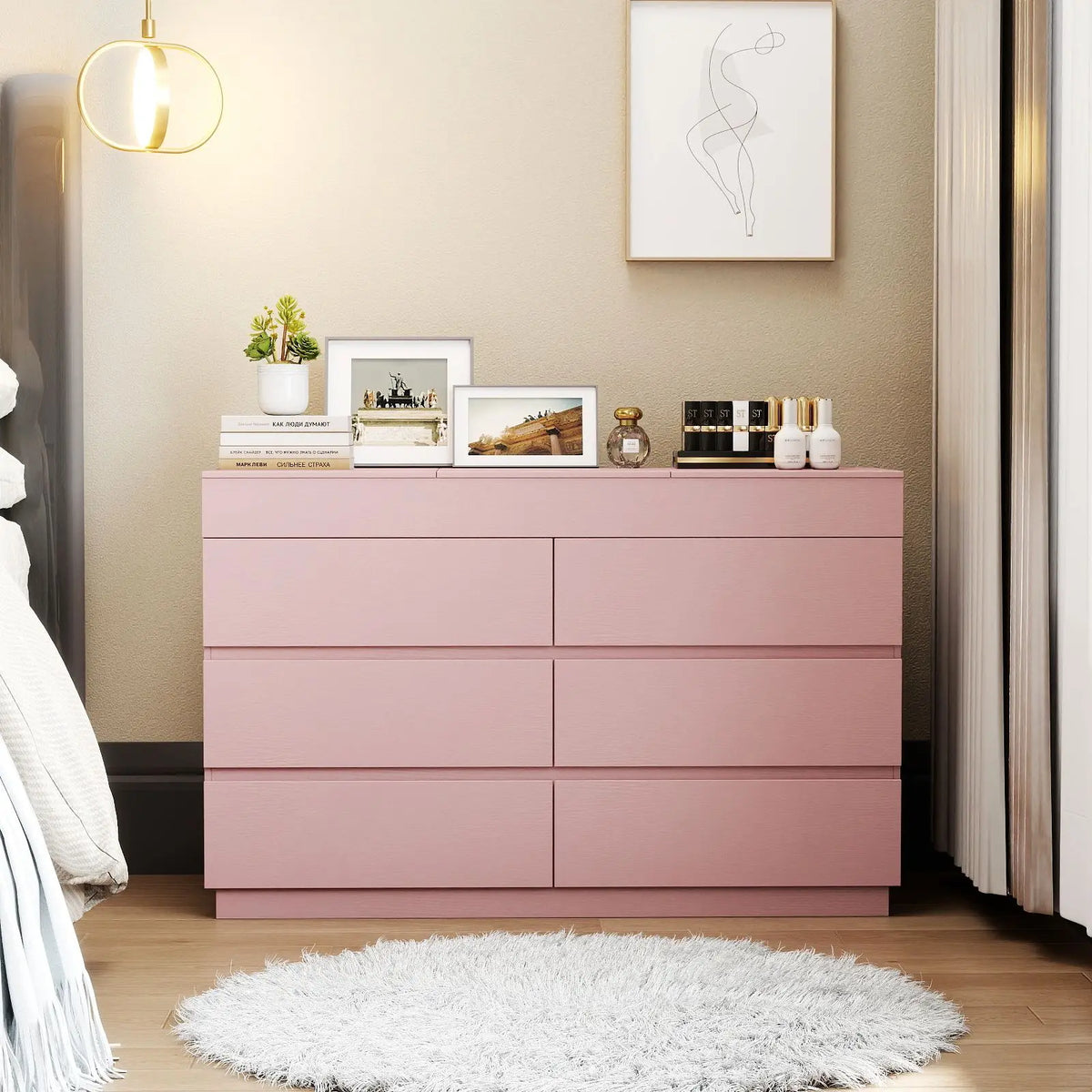 Blush Six-Drawer Dresser with Concealed Mirror