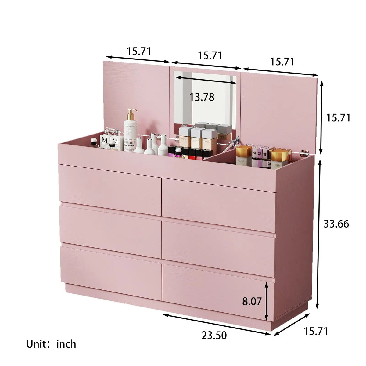 Blush Six-Drawer Dresser with Concealed Mirror