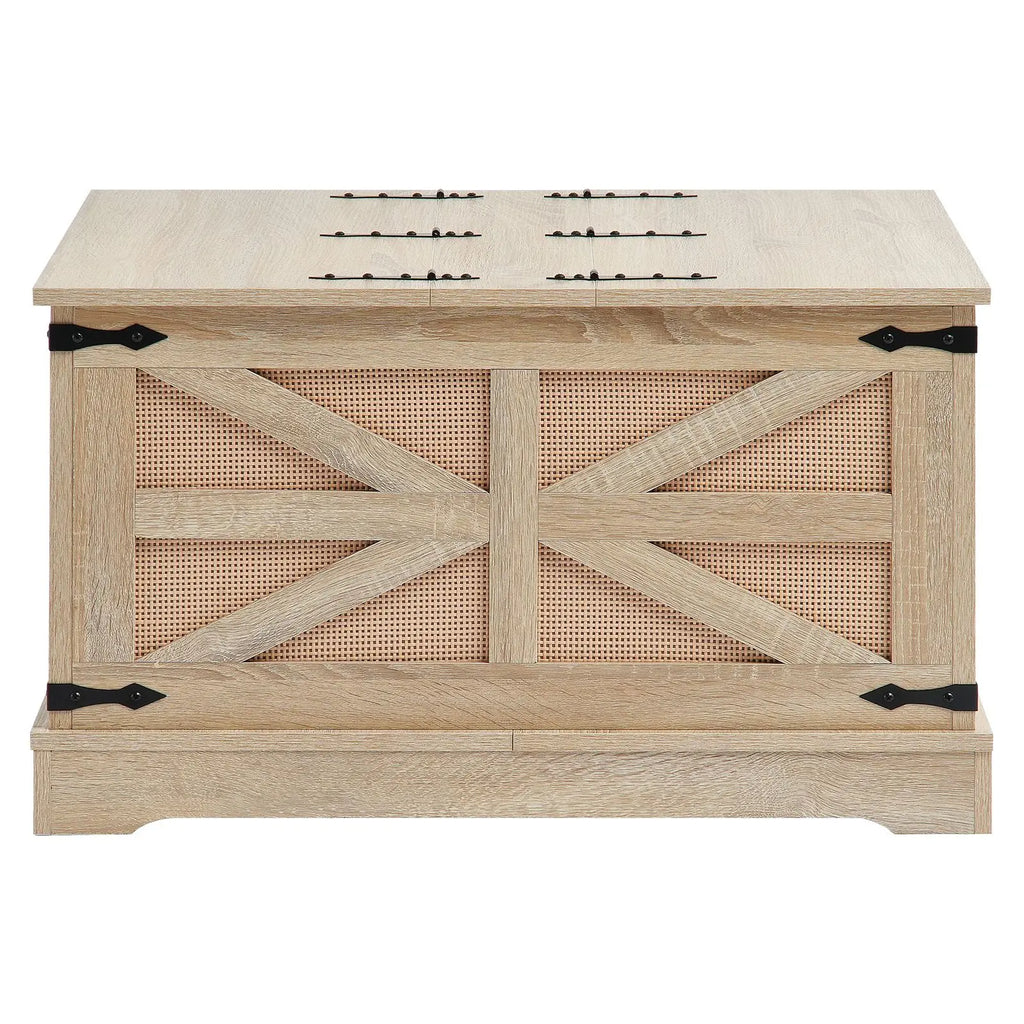 "Modern Boho Style 32 Inch Rattan Woven Wood Rectangle Coffee Table with MDF Top & Storage"