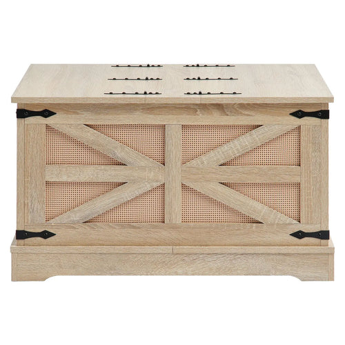 "Modern Boho Style 32 Inch Rattan Woven Wood Rectangle Coffee Table with MDF Top & Storage"