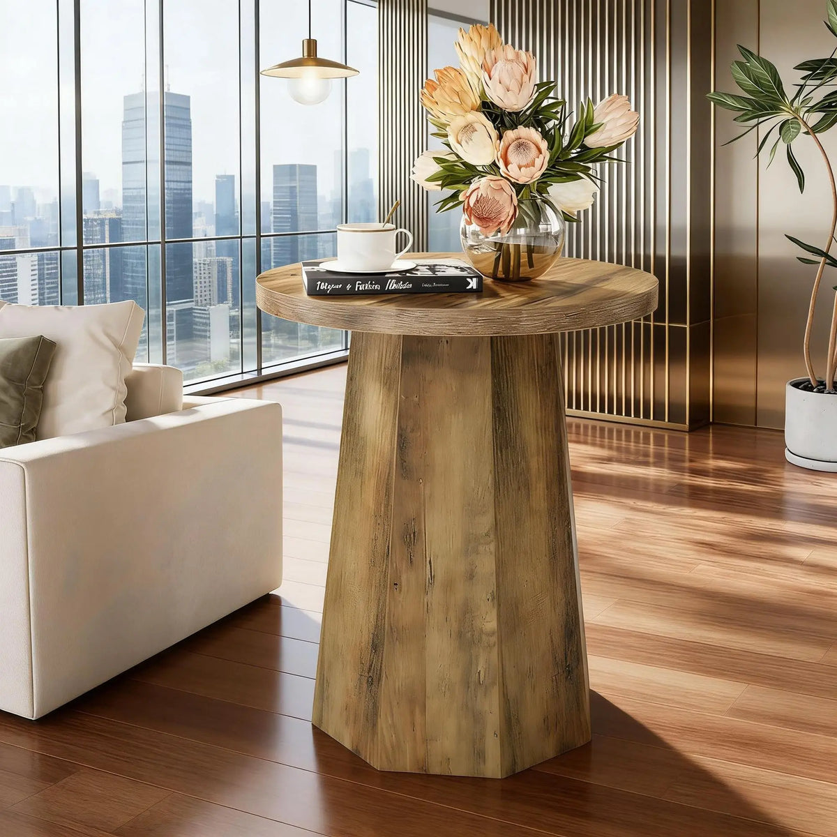 Round Wooden Couch Side Table with Octagonal Base As Nightstand or End Table