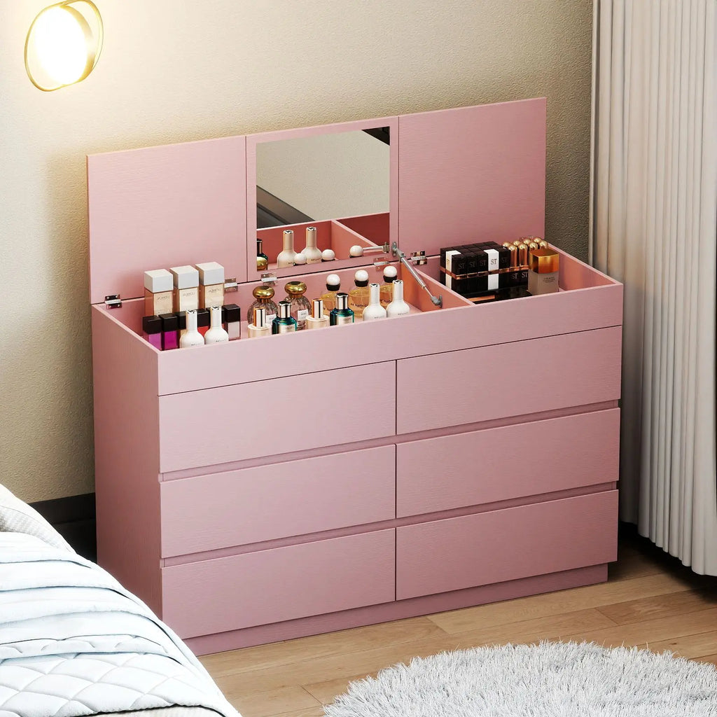 Blush Six-Drawer Dresser with Concealed Mirror