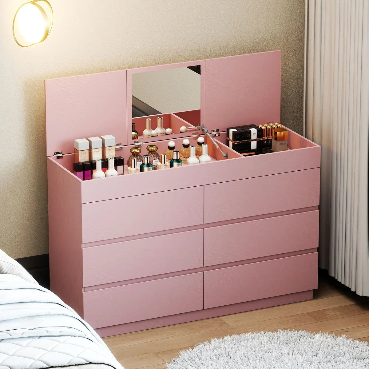 Blush Six-Drawer Dresser with Concealed Mirror