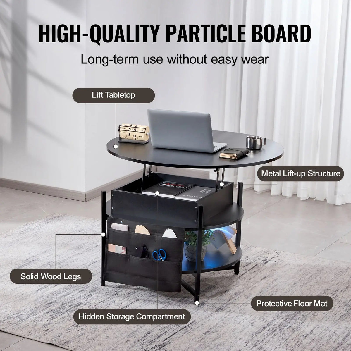 Black 35.3 in Round Lift Top Coffee Table with Extra Storage Pockets Pop up Combination for Living Room