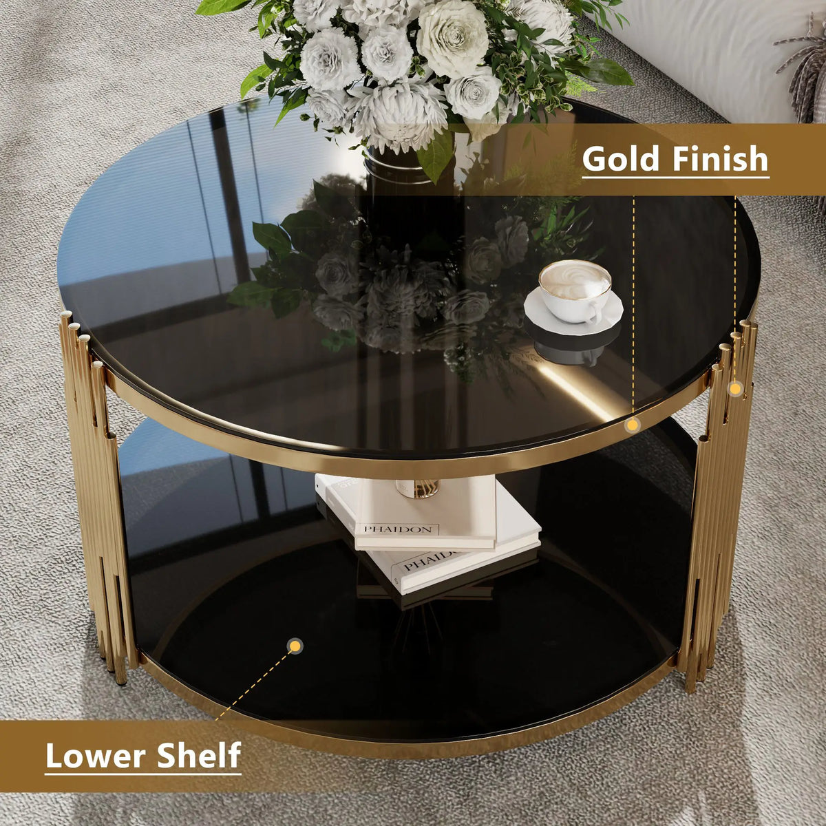 Modern Asymmetrical Metal Coffee Table with Black Mirror Top and Gold Finish Circular Drum Base with Lower Shelf