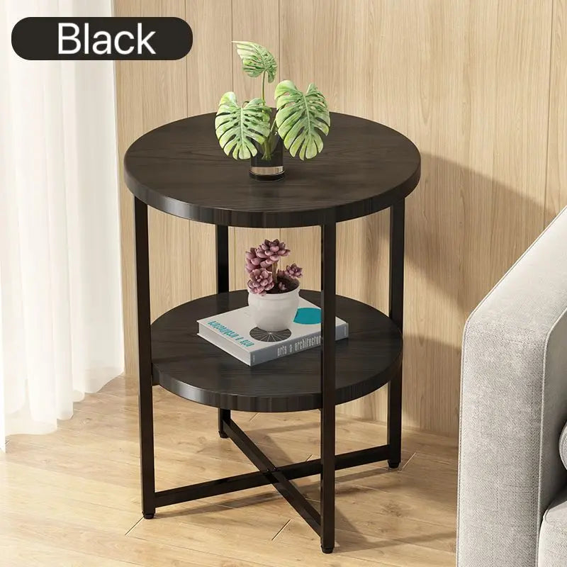 Modern Black 2 Tier End Table With Storage Shelf Metal Frame Wood Top Coffee Table For Living Room Bedroom Home Furniture