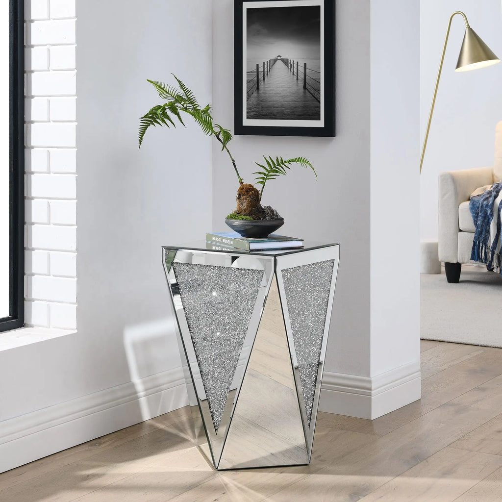 Inverted Triangular Silver Glass Console Table with Square Crystal Diamond Inlay for Corridors and L-Shaped Areas