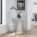 Inverted Triangular Silver Glass Console Table with Square Crystal Diamond Inlay for Corridors and L-Shaped Areas
