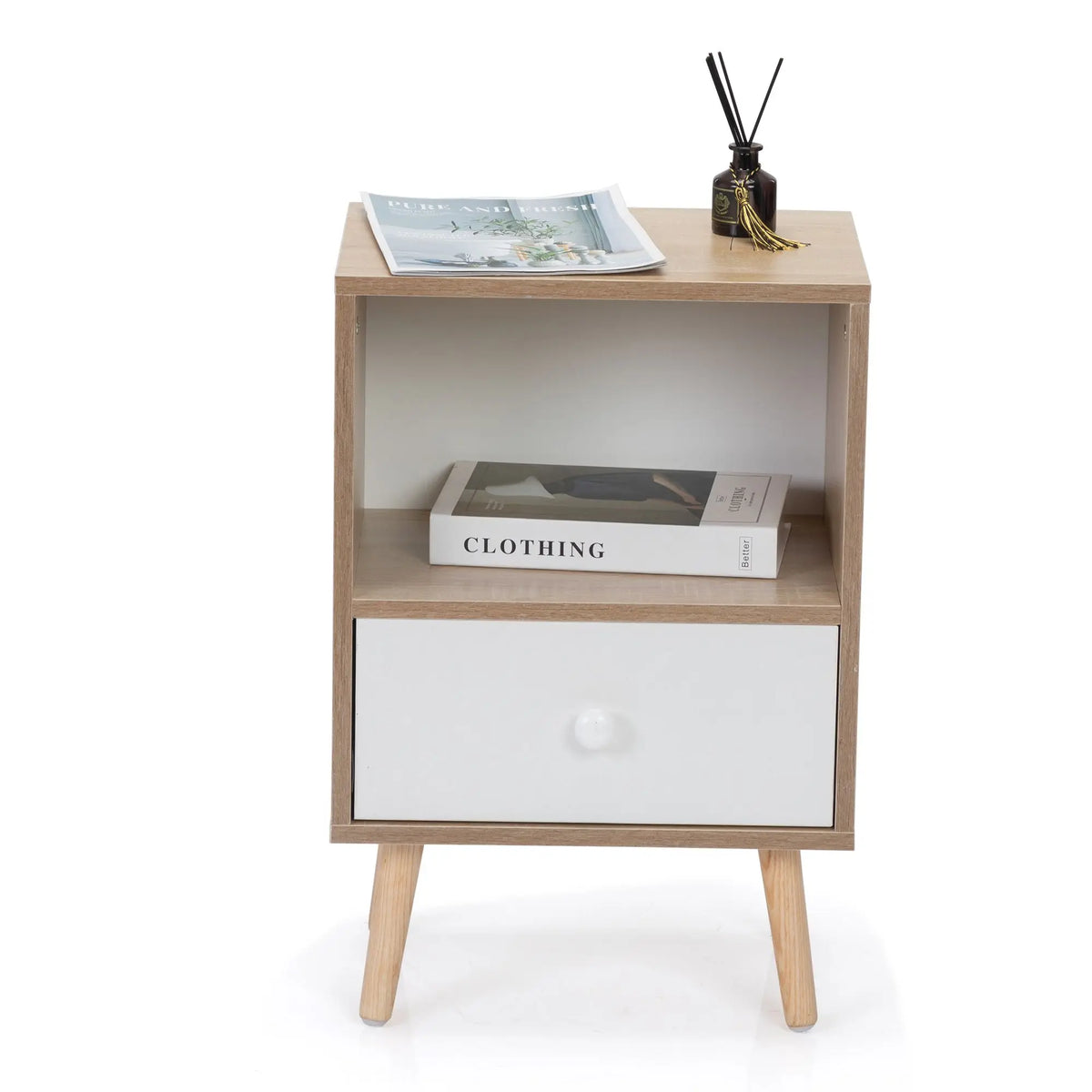 Mid-Century Modern Wood Nightstand Set of 2 Bed Sofa Side Table with Drawer Shelf for Living Room Bedroom or Office