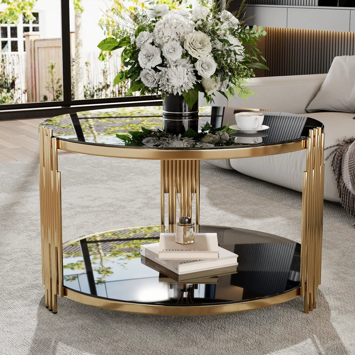 Modern Asymmetrical Metal Coffee Table with Black Mirror Top and Gold Finish Circular Drum Base with Lower Shelf