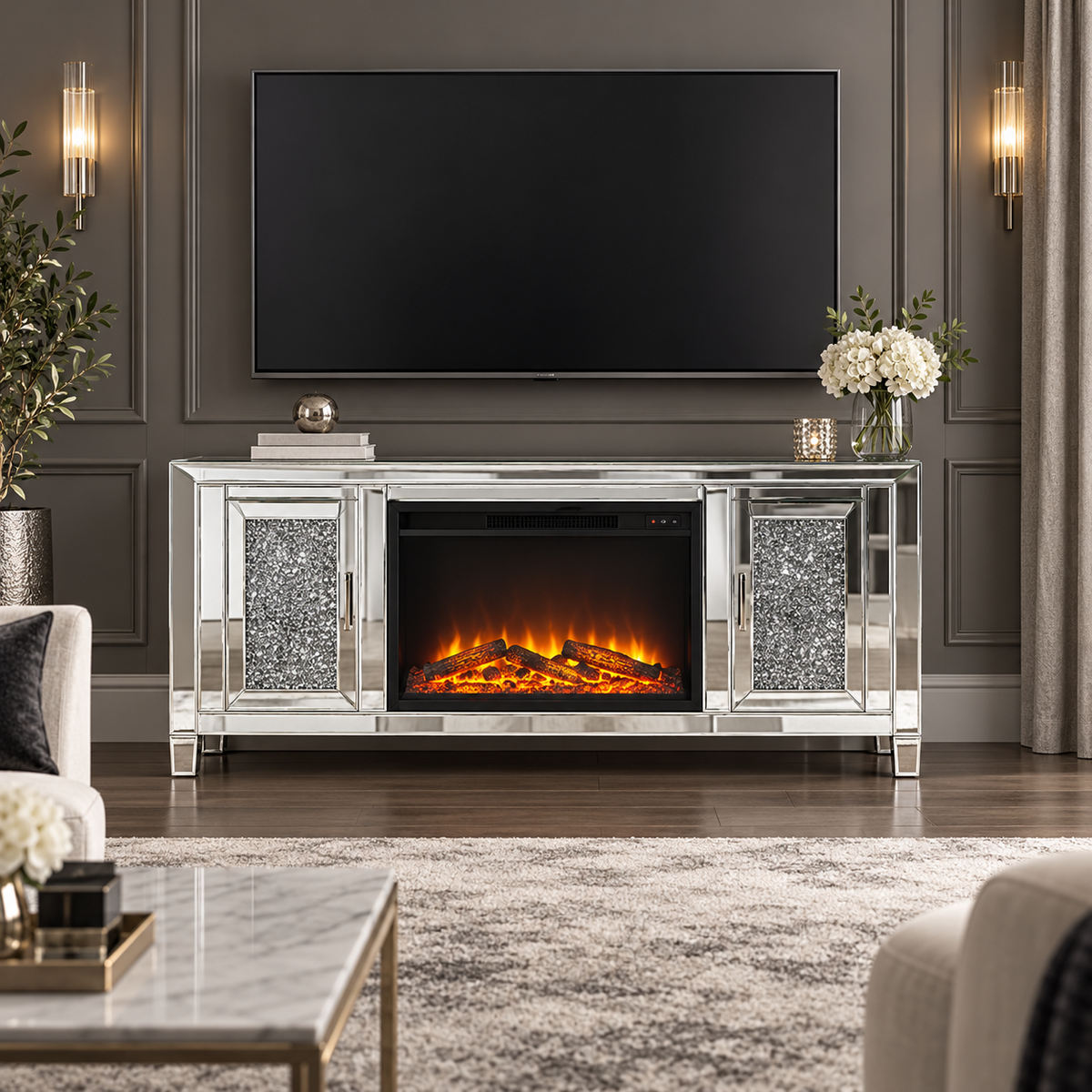 Silver Crystal Fireplace Media Console