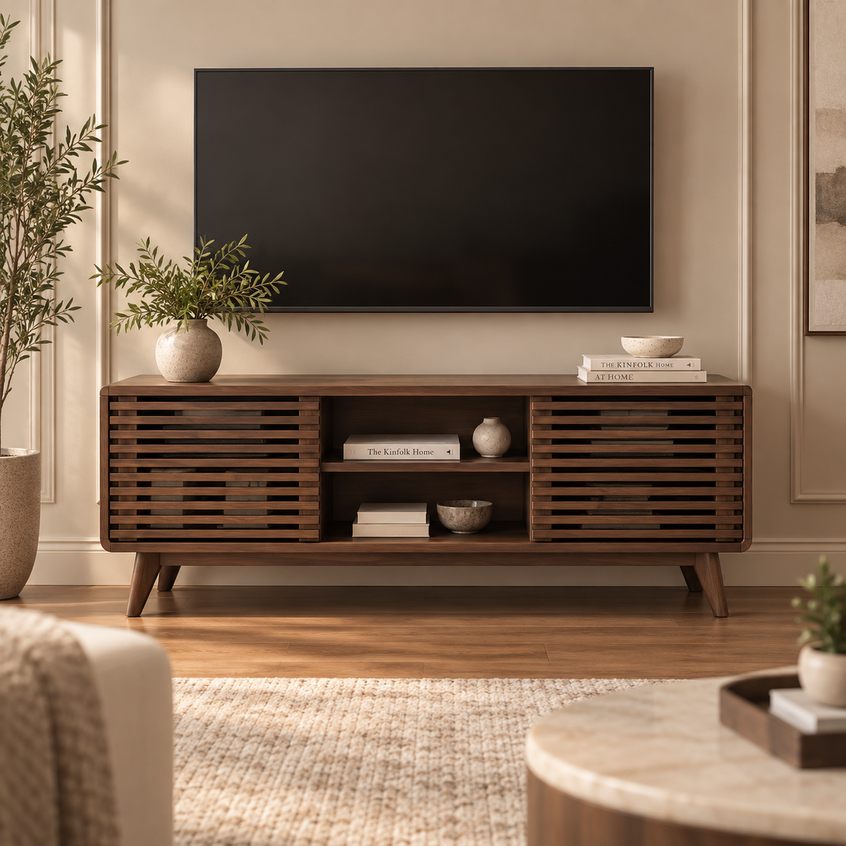 Walnut Slatted TV Console