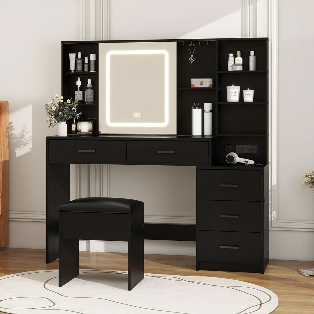 Odette Black Vanity Desk with Large Mirror