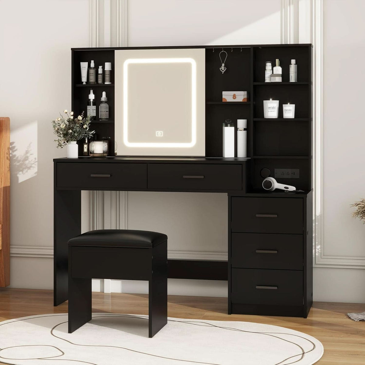 Odette Black Vanity Desk with Large Mirror