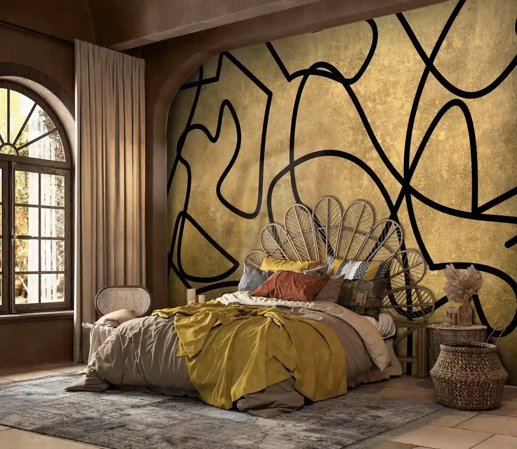 Abstract Gold and Black Linework Wall Mural