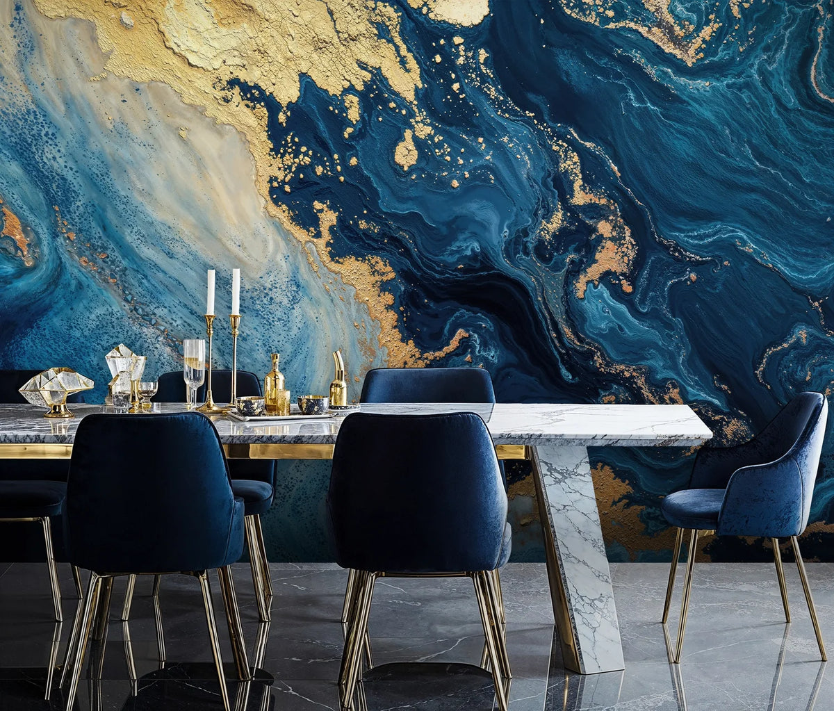 Navy and Gold Fluid Marble Wall Mural