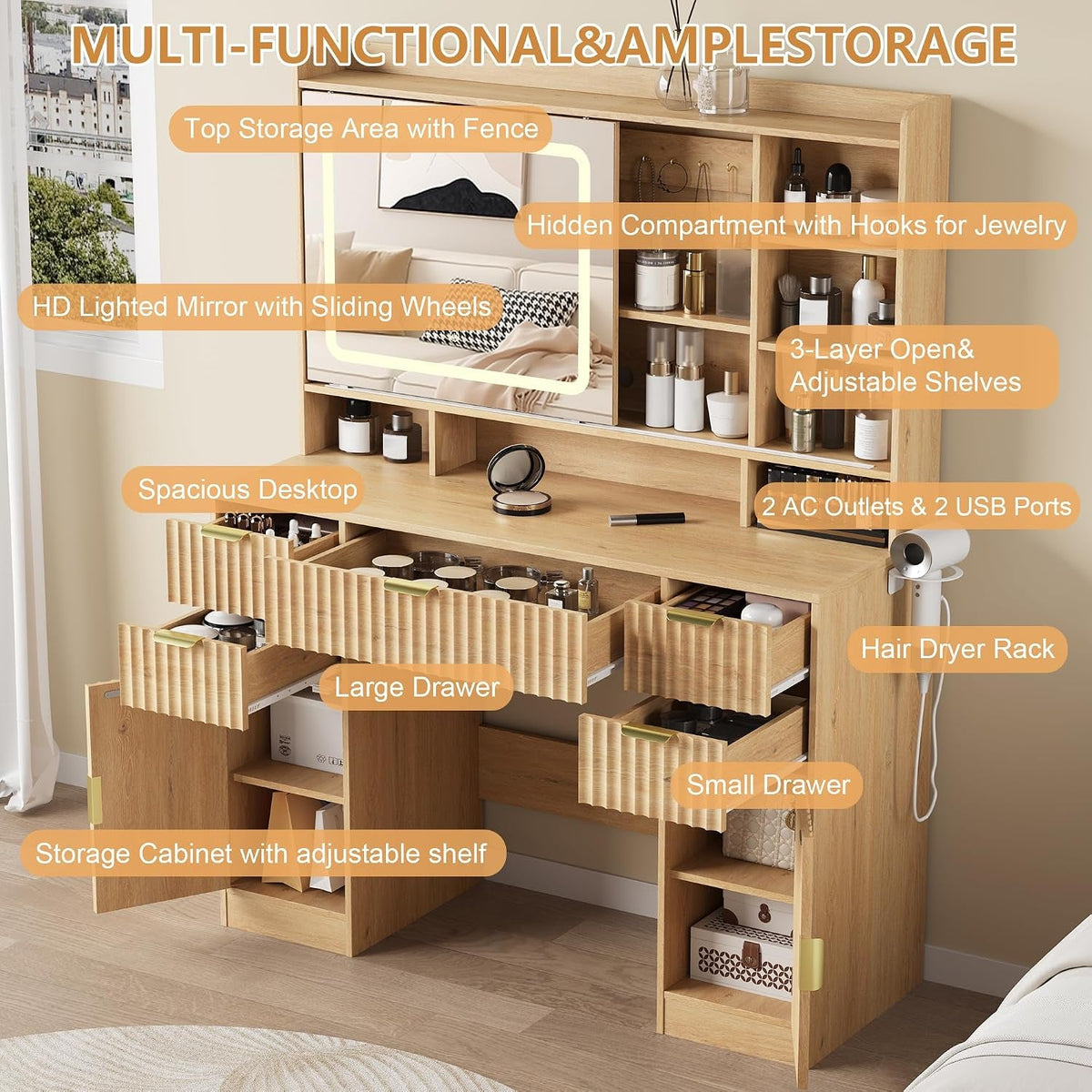 Elodie Natural Oak Illuminated Vanity Desk