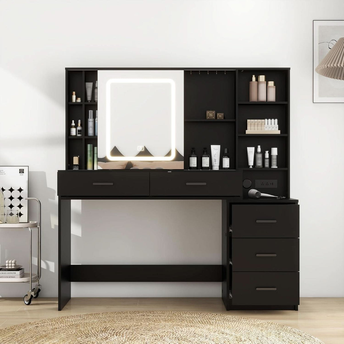 Odette Black Vanity Desk with Large Mirror