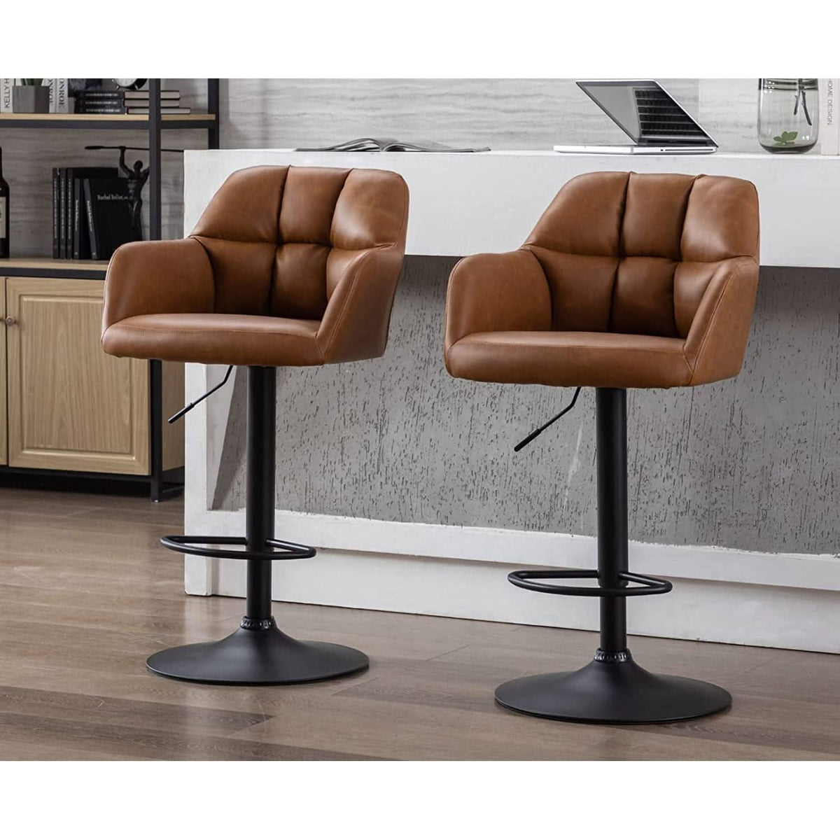 Modern Leather Swivel Bar Stool With Backrest And Armrests