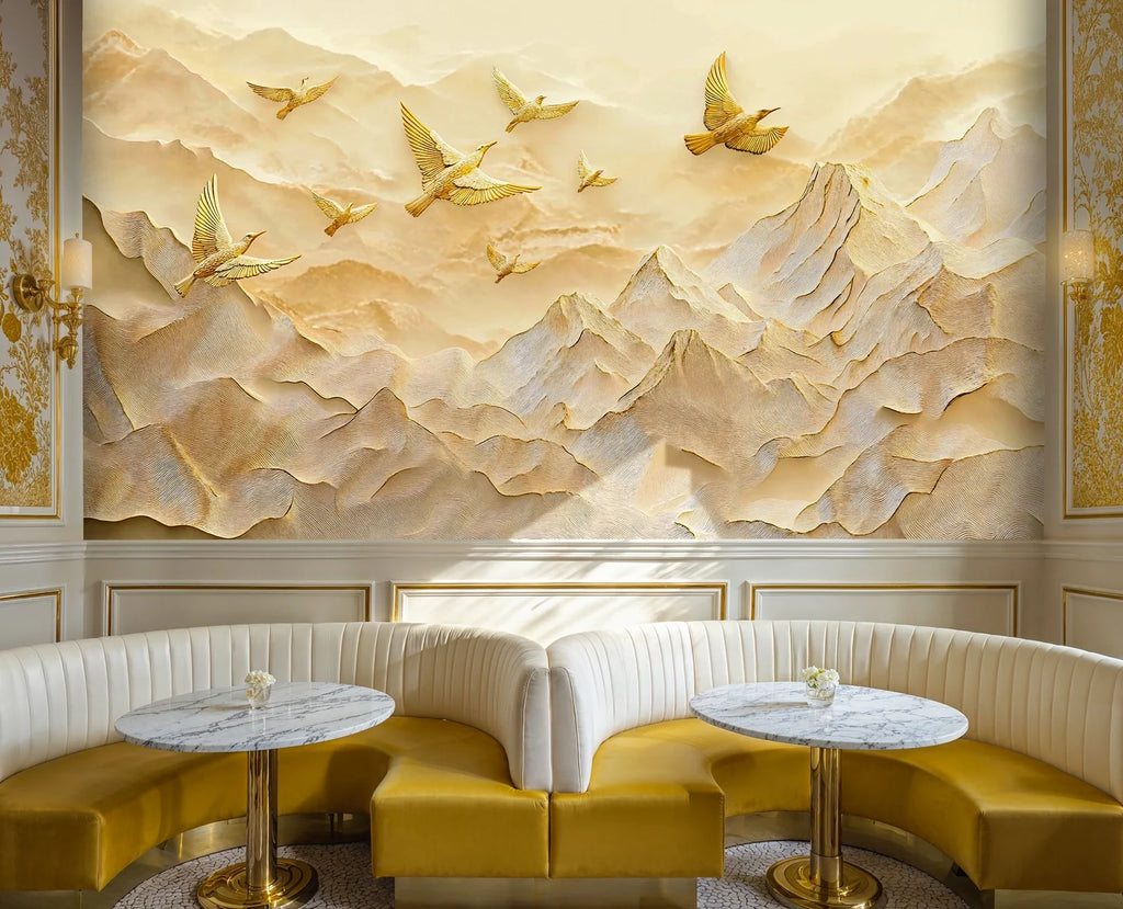 Golden Birds Over Mountain Peaks Wall Mural