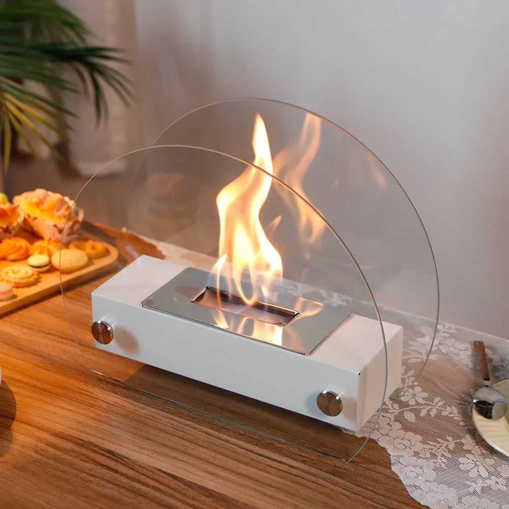 White Curved Glass Tabletop Fireplace