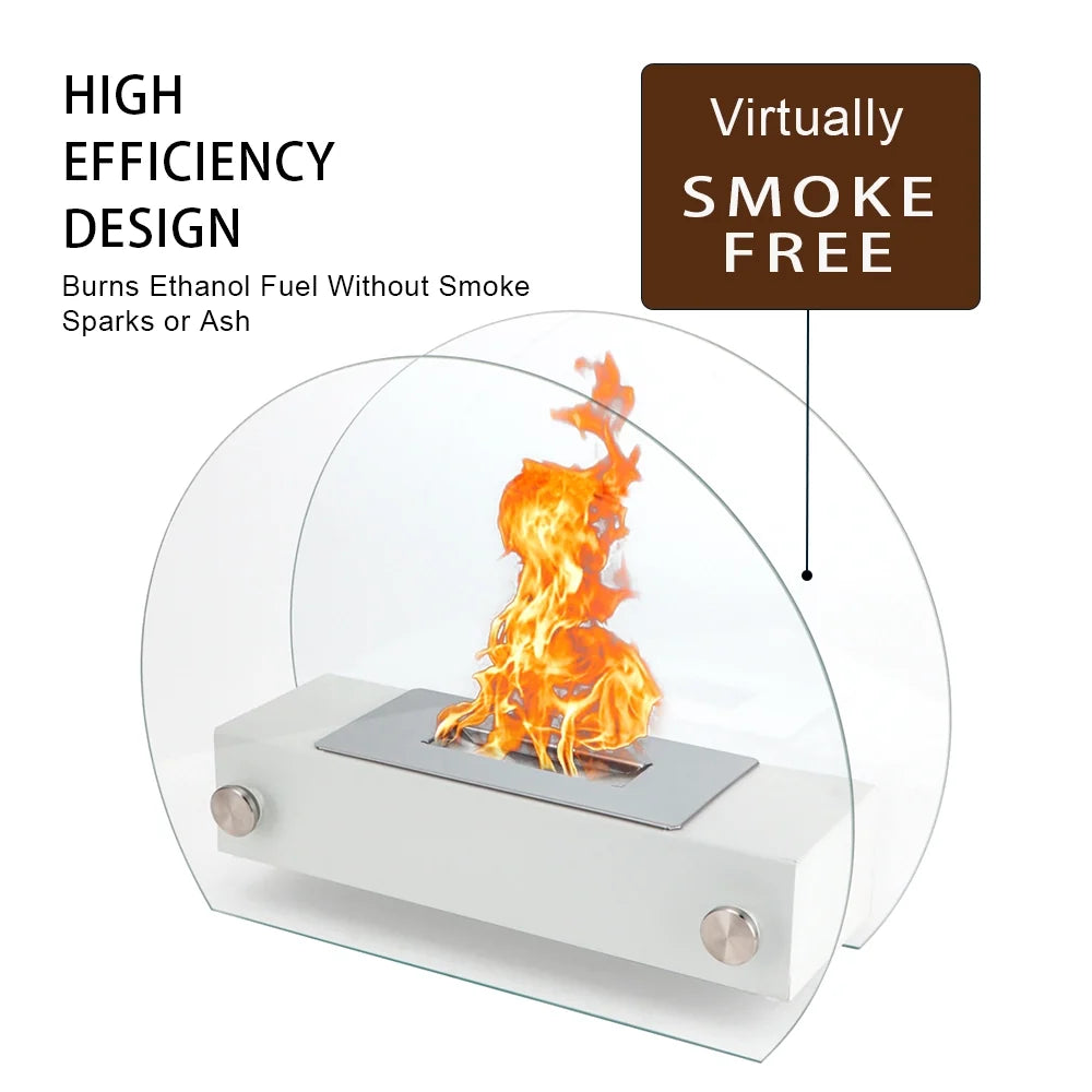 White Curved Glass Tabletop Fireplace