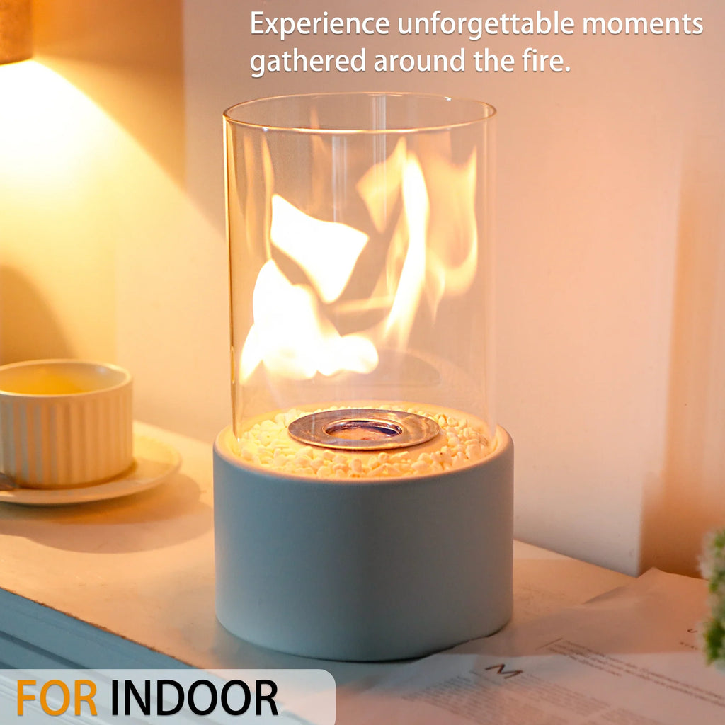 White Round Glass Tabletop Fireplace