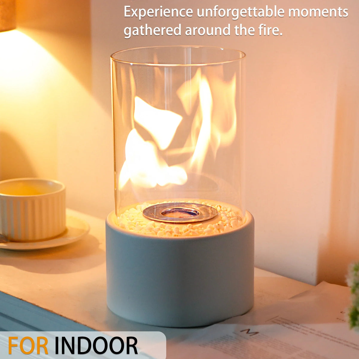 White Round Glass Tabletop Fireplace