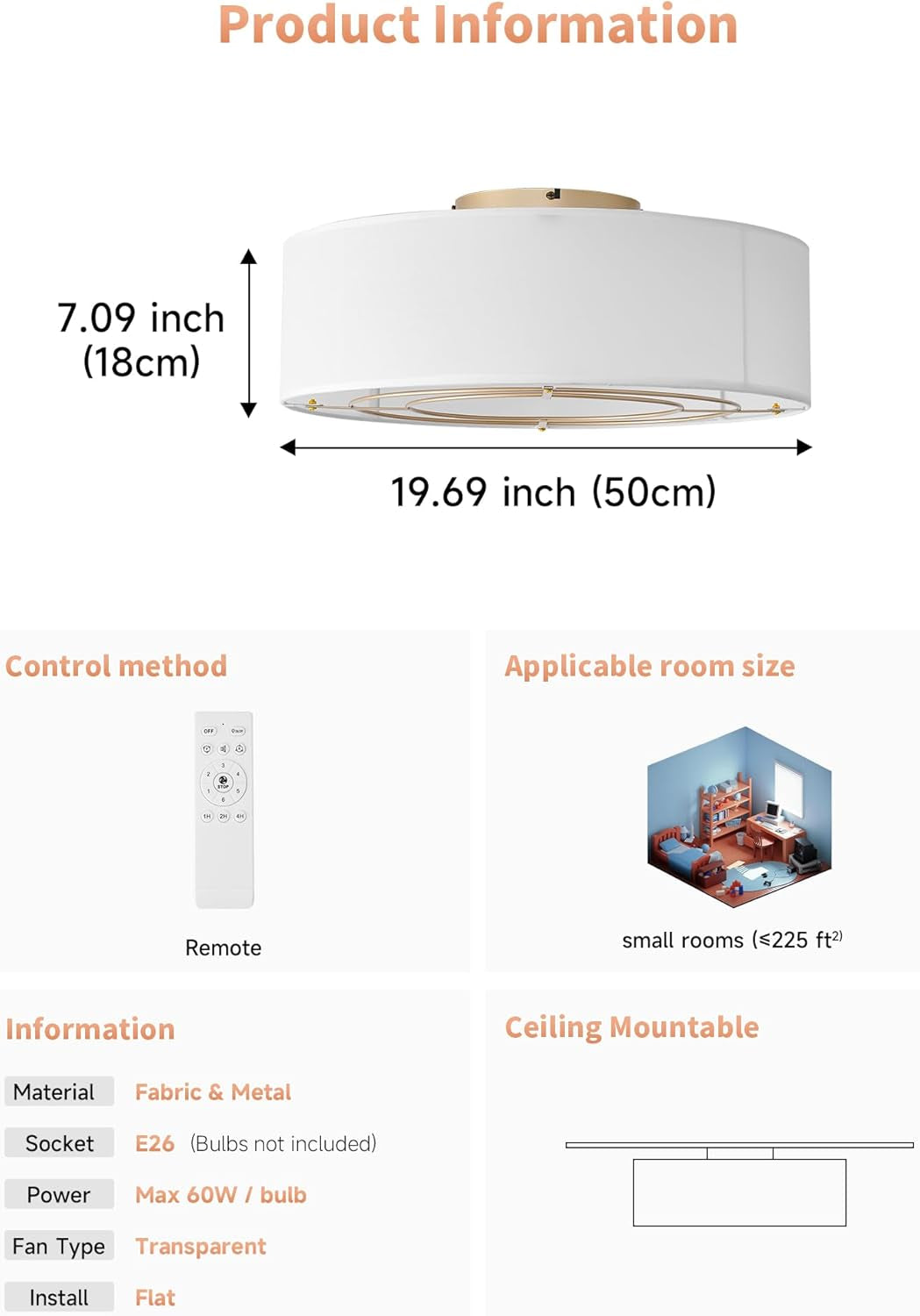 Linen Flush Mount Ceiling Fan