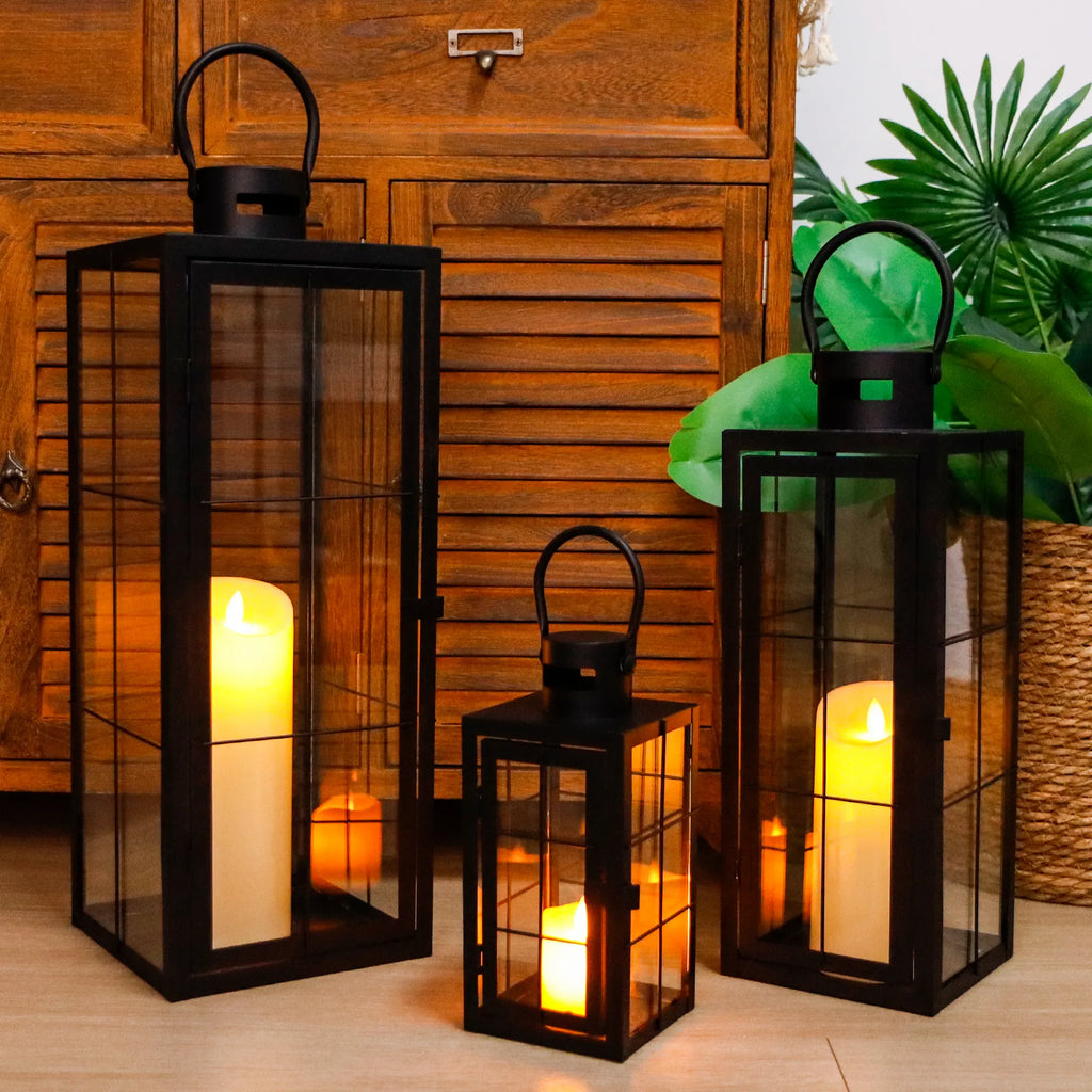 Black Frame Candle Lanterns — Set of 3