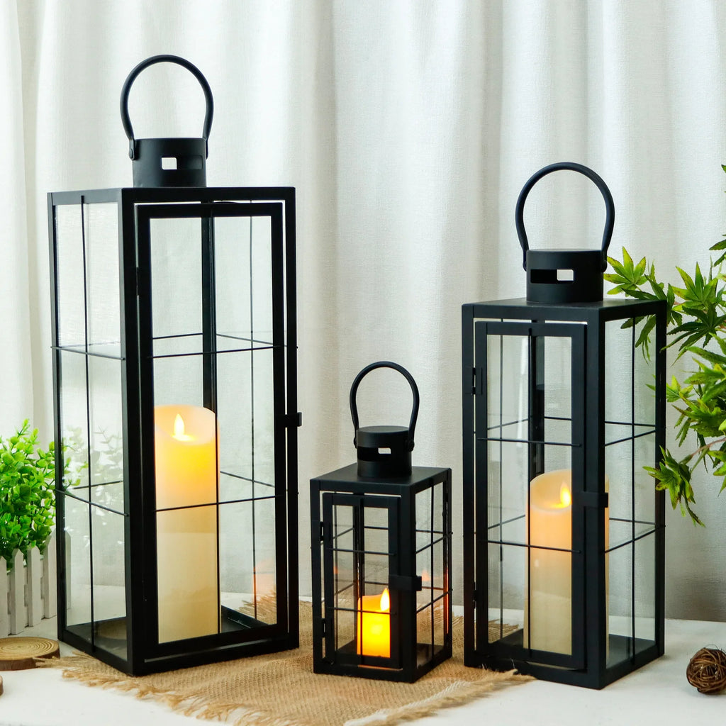 Black Frame Candle Lanterns — Set of 3