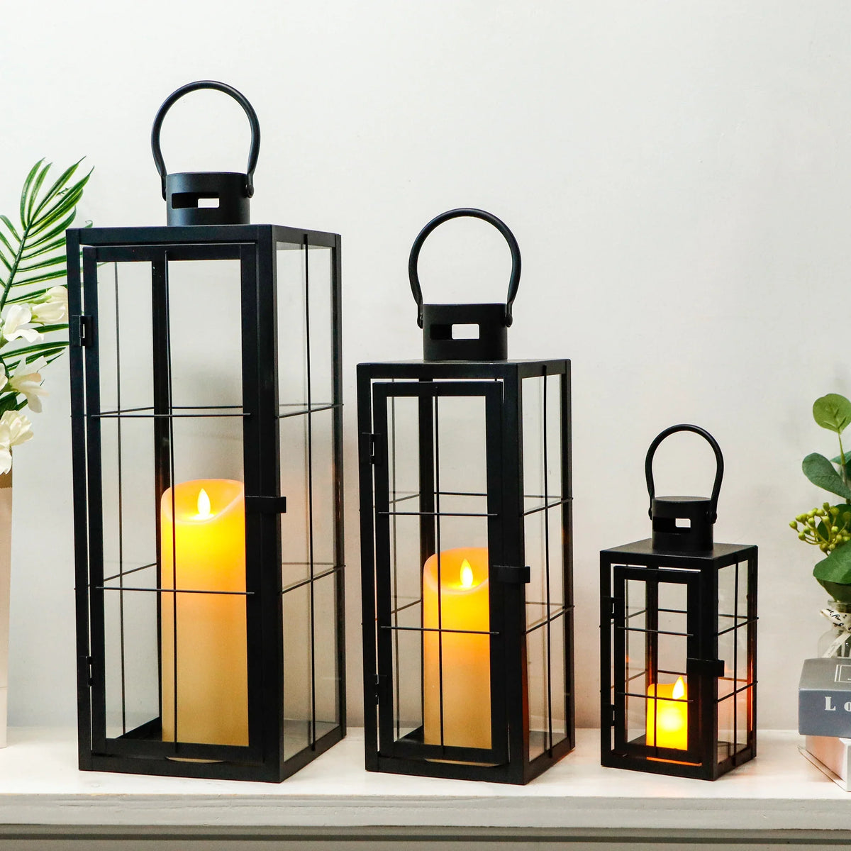 Black Frame Candle Lanterns — Set of 3