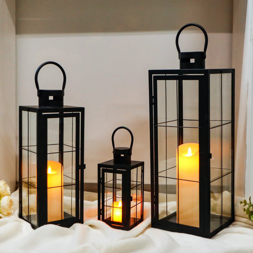 Black Frame Candle Lanterns — Set of 3