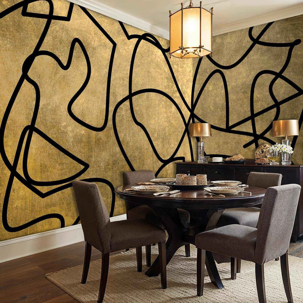 Abstract Gold and Black Linework Wall Mural