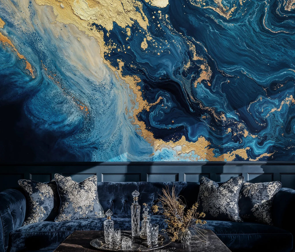 Navy and Gold Fluid Marble Wall Mural