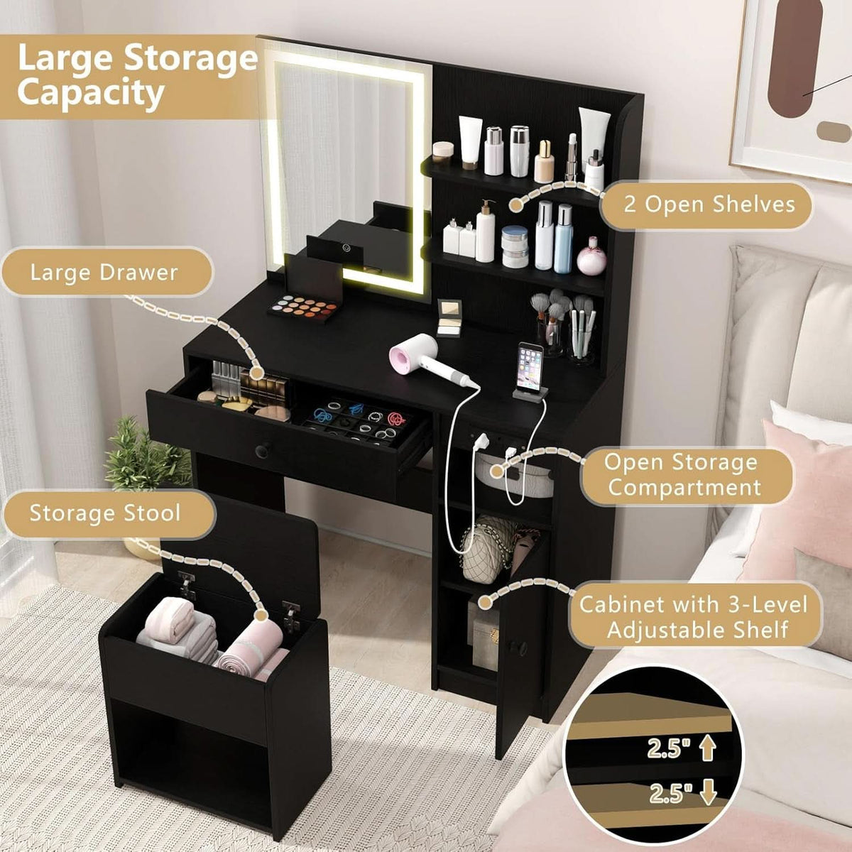 Sabine Black Illuminated Vanity Desk