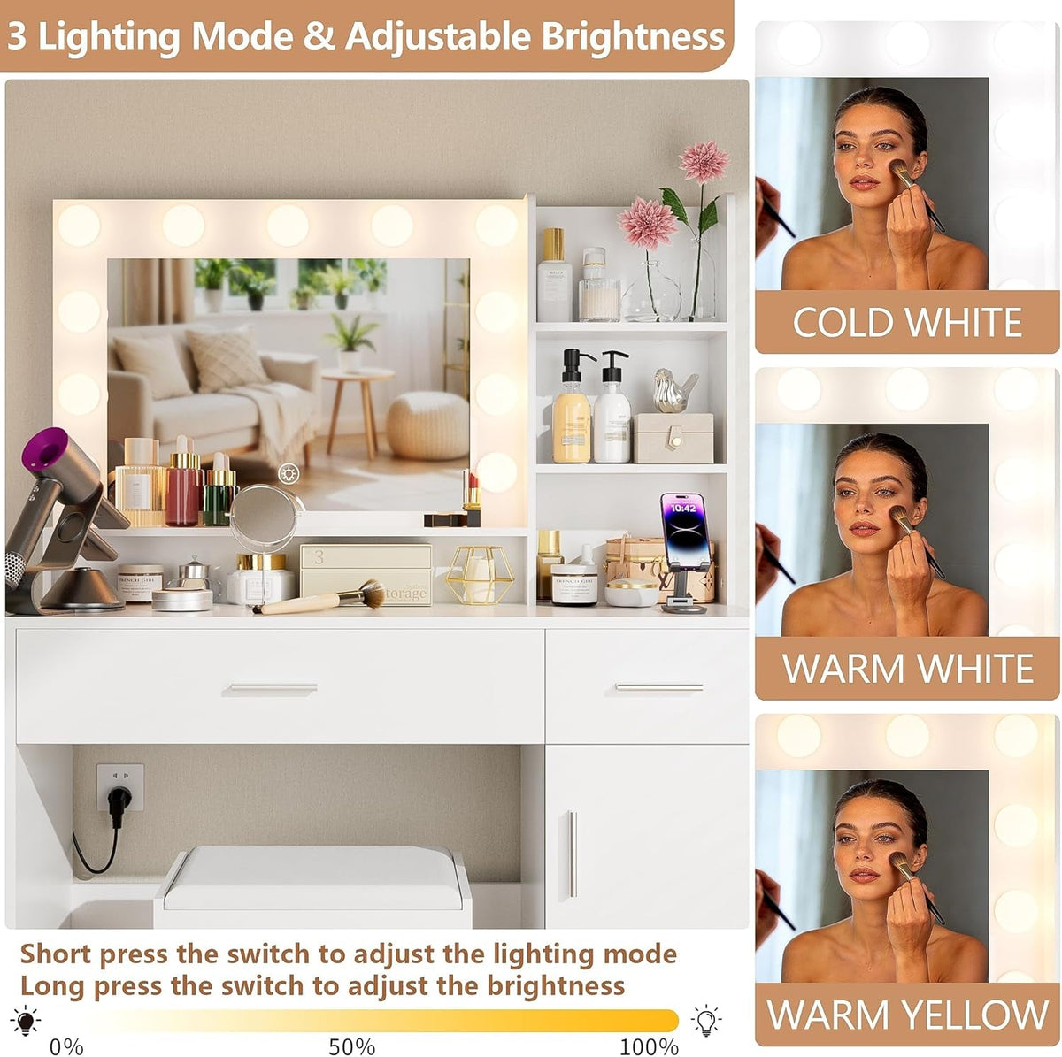 Liora White Vanity Desk with Mirror Lighting