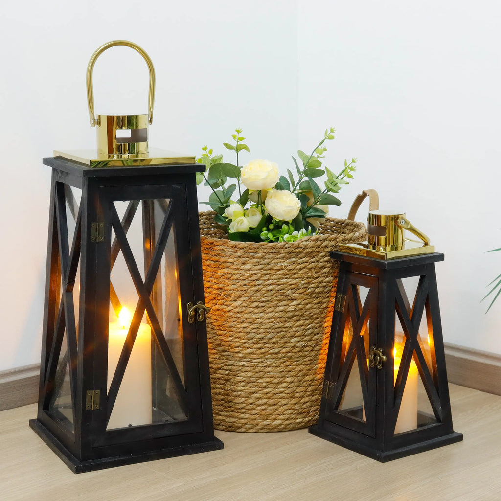 Black Cross-Frame Lanterns — Set of 2