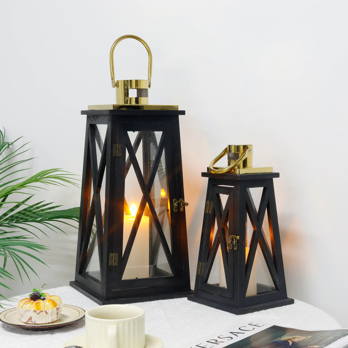 Black Cross-Frame Lanterns — Set of 2