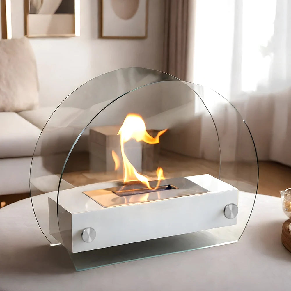 White Curved Glass Tabletop Fireplace