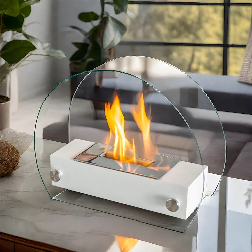 White Curved Glass Tabletop Fireplace