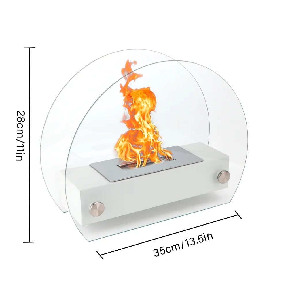 White Curved Glass Tabletop Fireplace