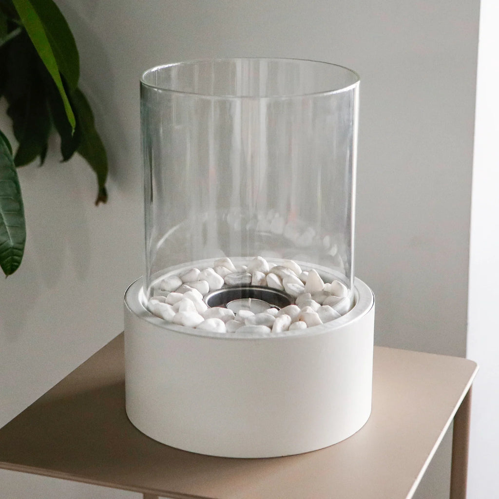 White Glass Cylinder Tabletop Fireplace