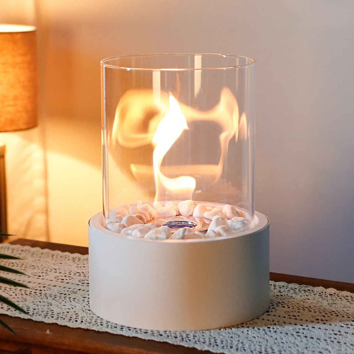 White Glass Cylinder Tabletop Fireplace