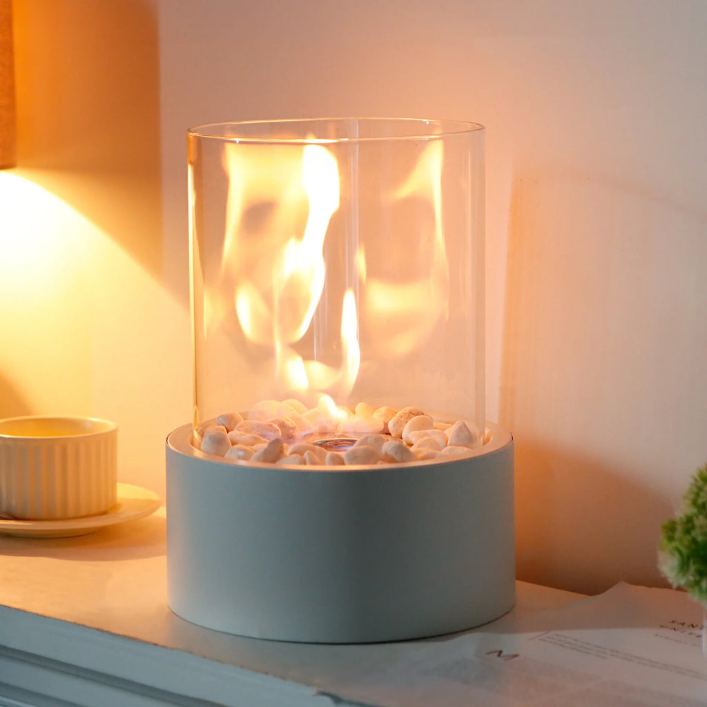 White Glass Cylinder Tabletop Fireplace